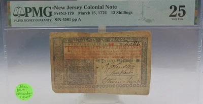 New Jersey Colonial Note 12 shillings Fr#NJ-179 pmg 25 John Hart signature - Image 1 of 4