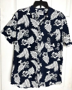 Peanuts Button Up Shirt Mens L Snoopy Palm Leaf Print Navy White Casual Vacation - Picture 1 of 8