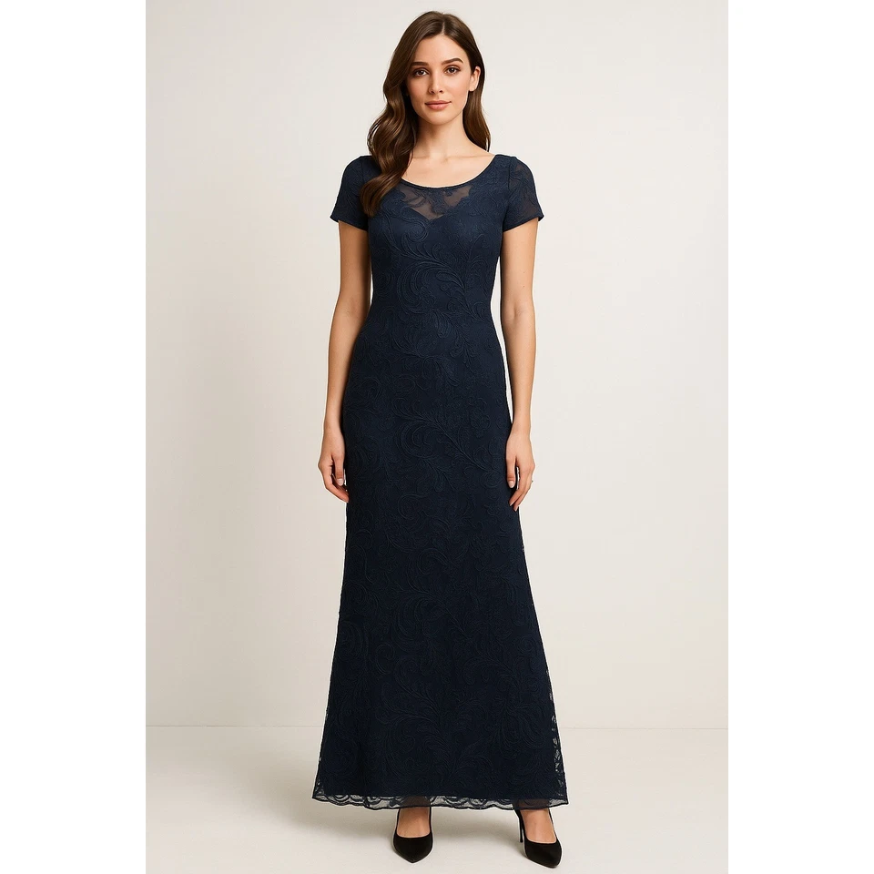 JS Collections Maxi Dress Womens 12 Blue Floral Lace Overlay Evening Formal Gown - Image 1 of 4