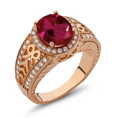 Anillo de rubí creado enchapado en oro rosa de 18 quilates para mujer (3,99 quilates, piedras preciosas Foto 1 de 2