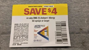 5x ASTEPRO Allergy 60 Sprays Larger Coupons - $4 Off, Up to $20 - Exp. 11/30/25 - Picture 1 of 1