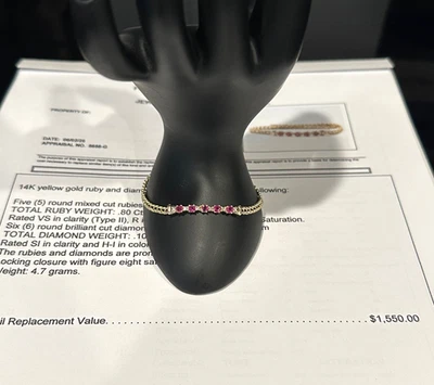 14K Yellow Gold, Ruby & Diamond 7" Ladies Bracelet w Appraisal Certificate $1550 - Image 1 of 4
