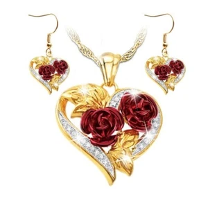 3 Piece Set of Women's Jewelry Rose Necklace Earrings Luxury Gift - Picture 1 of 3