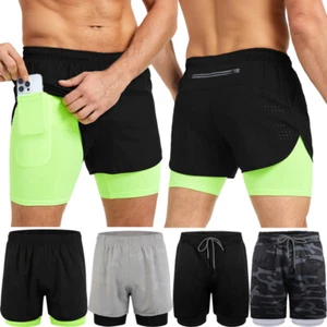 Men 2 in 1 Running Shorts with Liner&Pockets Gym Athletic Quick Dry Sport Shorts - Picture 1 of 22
