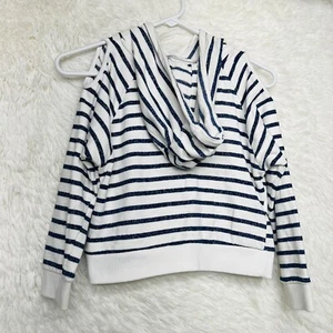 Nowadays Girls Size Medium White/Blue Stripp Cold Shoulder Hooded Top - Picture 1 of 10