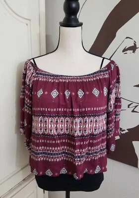 Top Honey Punch Mediano Fuera del Hombro Boho Granate Floral Mangas 3/4 Foto 1 de 4