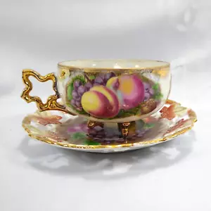 Vintage Iridescent 3 Footed Teacup & Saucer Royal Sealy Japan Fruit Gold - Picture 1 of 24