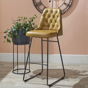 Leather Breakfast Bar Stool Mustard Yellow Diamond Back Upholstered Tall Stool - Picture 1 of 11