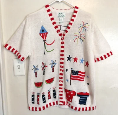Quacker Factory Womens Sweater L White Red USA Watermelon Cardigan Short Sleeve - Image 1 of 3