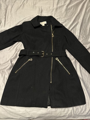 Giacca trench MICHAEL KORS tinta unita nera asimmetrica zip misto lana