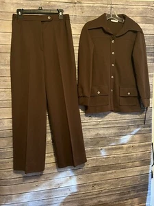 Alfred Dunner Womens Pant Suit Brown Jacket 12 Pants 14 Double Knit Polyester - Picture 1 of 12