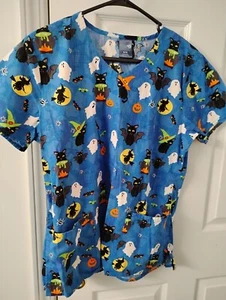 Zoe & Chloe 2 Pocket Black Cat Themed Halloween Scrub Top Size M - Picture 1 of 1
