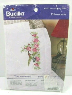 Plaid Bucilla 2 stamped Pillowcases Hummingbird Floral 20" by 30" New in Package - Image 1 of 4