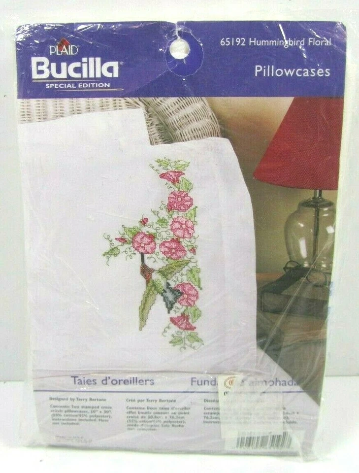 Plaid Bucilla 2 stamped Pillowcases Hummingbird Floral 20" by 30" New in Package - Image 1 of 4