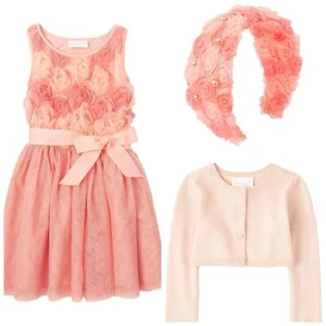 Girls Peach Roses Floral Formal Dress, Cardigan, & Headband Set Size 5/6 - Picture 1 of 16