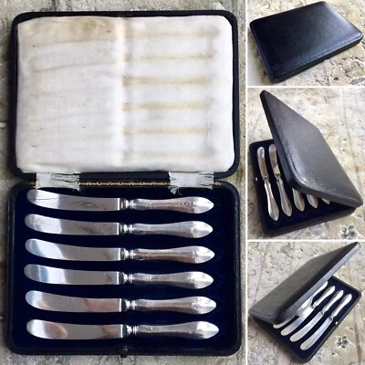 Conjunto de 6 facas antigas de manteiga de prata esterlina John Sanderson em caixa forrada de seda - Imagem 1 de 4