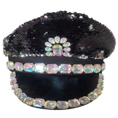 Sombrero negro de diamantes de imitación Capitán Policía de lentejuelas para adultos Festival Rave Disco Brillo Foto 1 de 4