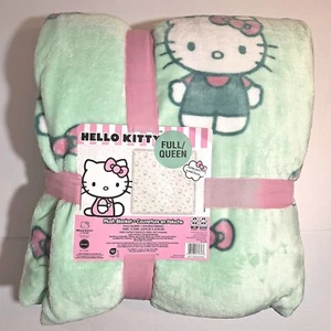 Hello Kitty Pink Bows Mushrooms 90 x 90" Full Queen Mint Green Plush Blanket NWT - Picture 1 of 9