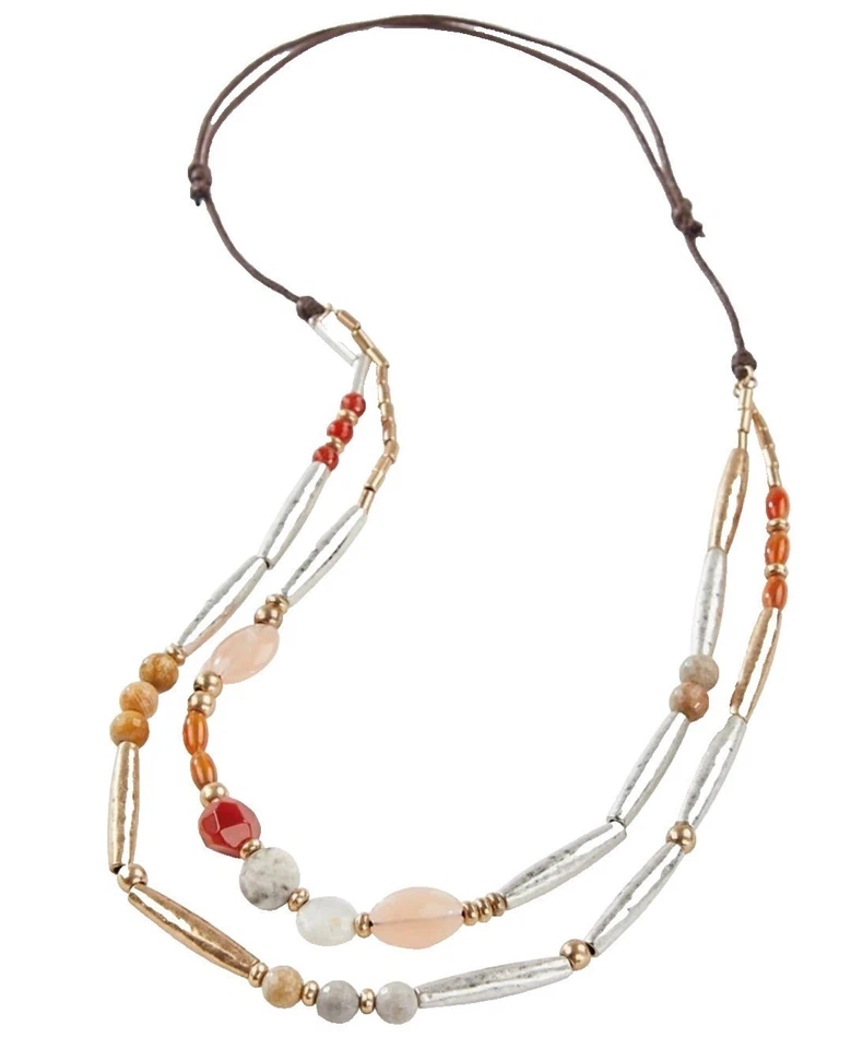 Collar J.Jill Terracota Otoño Puesta de Sol Doble Hilo Cuentas Cordón de Cuero Marrón Foto 1 de 4