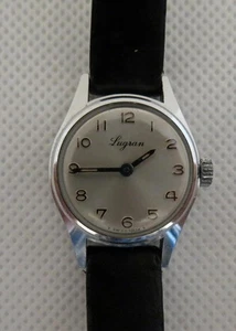 Lugran Swiss Women's 1970 Mechanical Wind Watch Silver Face Black Leather Band - Picture 1 of 6