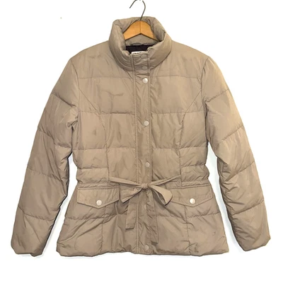 Chaqueta acolchada Garnet Hill para mujer talla 4 plumón topo relleno de plumas y cinturón Foto 1 de 4