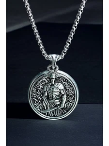 Collier en acier inoxydable - Médaillon avec statuette guerrière spartiate, fait main - Photo 1/6