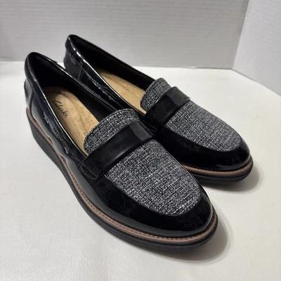 Mocasín Clarks Sharon, Gracie Penny Damas Talla 10 Negro y Gris Cuero y Tweed Foto 1 de 4