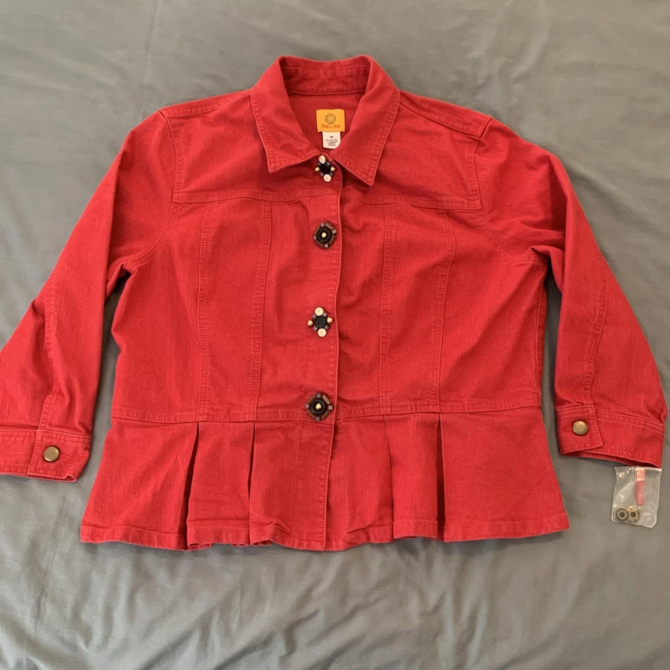 Ruby Rd Jacket Womens 18 Red Pleated Hem Stretch Button Front Beaded Boho Chic - Image 1 of 4