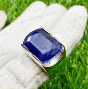 Emerald Cut Natural Blue Sapphire Mens Ring Ceylon Sapphire Sterling Silver Ring - Picture 1 of 10