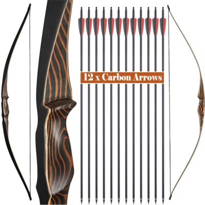 Archery 54'' Traditional Longbow Recurve Bow 20-70lbs & 12pcs Arrows Hunt Shoot - Image 1 of 4