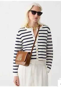 NEW J CREW Women Emilie Sweater Lady Jacket Cardigan Ivory Navy Stripe Button XL - Picture 1 of 6