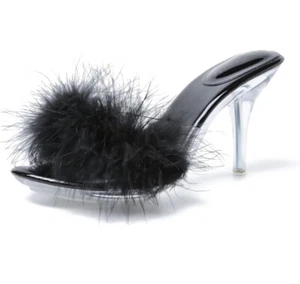 Heiyom Women's Fuzzy Slippers Clear Heels Pointed Toe Stilettos Heels - Picture 1 of 7