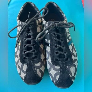 Coach Women's Kathleen Black Gray Monogram Logo LaceUp Casual Sneaker Shoes Sz 7 - Picture 1 of 8