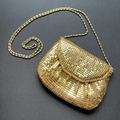 Cartera bandolera de malla metálica dorada para noche fiesta cadena cierre a presión vintage Foto 1 de 4