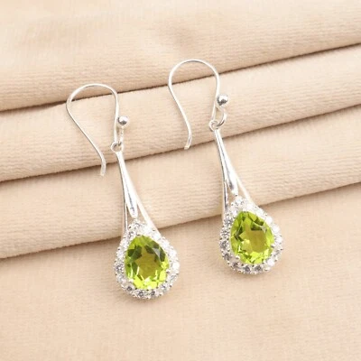 Natural Peridot Gemstone 925 Sterling Silver Zircon Drop/Dangle Earrings 1.86" Foto 1 de 4