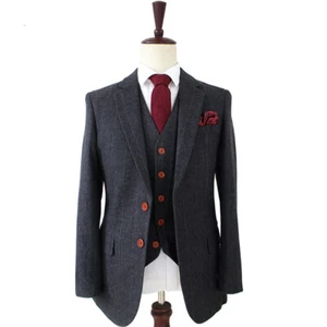 Men Suit Plaid Tweed Herringbone Vintage Check Groom Prom Tuxedo Wedding 3 Piece - Picture 1 of 11