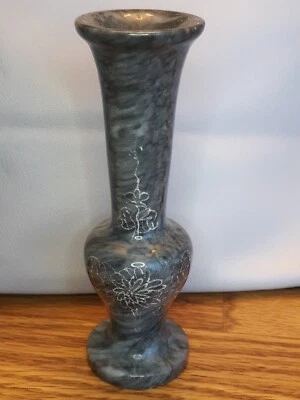Vtg Black Gray Marble Mini Vase with Etched Floral Pattern Taiwan 4 1/2" - Image 1 of 4