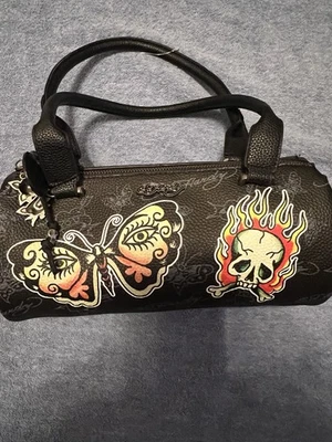 Ed Hardy Black Logo Tattoo Print Skull Hearts Purse Handbag Tote Logo Charms Y2K - Image 1 of 4