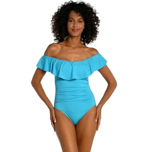 La Blanca Badeanzug Einteiler luftig Rüschen schulterfrei Gr. 10 türkis blau - Bild 1 von 8