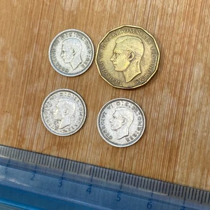 4x Mixed George VI: Threepence 1941, 1942, 1943 & better date 1946 (ref #36) - Picture 1 of 5