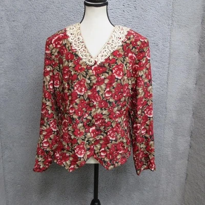 Blusa De Colección Leslie Fay Mujer 12 Roja Floral Encaje Cuello Botón Delantero Manga Larga Foto 1 de 4