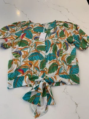 Blusa Rosa y Oliva Talla Pequeña Tropical Estampado Palma Corbata Frontal Top NUEVA con etiquetas Foto 1 de 4