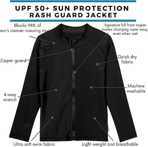 NEW SwimZip UPF 50+ Kids Sz 12-14 Black Long Sleeve Zipper Rash Guard Swim Shirt - Picture 1 of 7