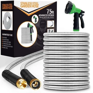 Garden Hose 75ft, Stainless Steel Heavy Duty Water Hose with 10 Function Nozzle - Picture 1 of 6