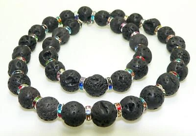 Halskette Collier Lavaperle schwarz 10mmØ Strass silber Kristall multicolor 194c - Bild 1 von 4