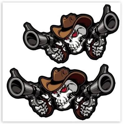 2 x Vinyl Aufkleber Stickers Skull Guns Waffe Cowboy Schädel Totenkopf Auto Moto - Bild 1 von 4