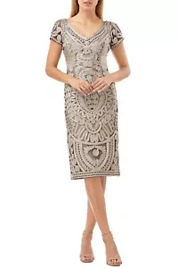 JS COLLECTIONS Black Clay Taupe V-Neck Mesh Soutache Embroidered Lace Dress 2 XS - Picture 1 of 2