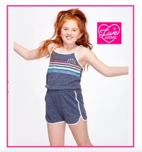 *NEW* JUSTICE GIRLS SIZE 16 HEATHER BLUE STRIPED RETRO ROMPER - Picture 1 of 6