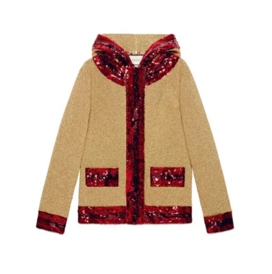 Jaqueta Gucci Feminina Lantejoulas Lurex com Capuz Ouro Vermelho Tamanho Pequeno - Imagem 1 de 4