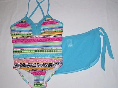 全新带标签 女孩 4 5 Aqua 粉红色 银色 金属色 多件式泳装裙 游泳套装 — 第 1/4 张图片
